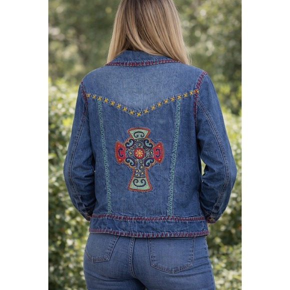Cattlelac Ranch Jackets & Blazers - Cattlelac Ranch Denim Jacket L Embroidered Celtic Cross Whipstitch Western Boho